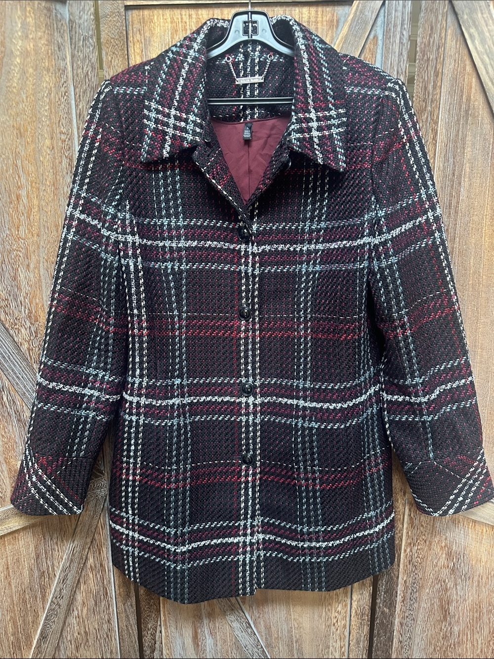 White House Black Market Black Plaid Button Jacket Coat Women’s Size Large